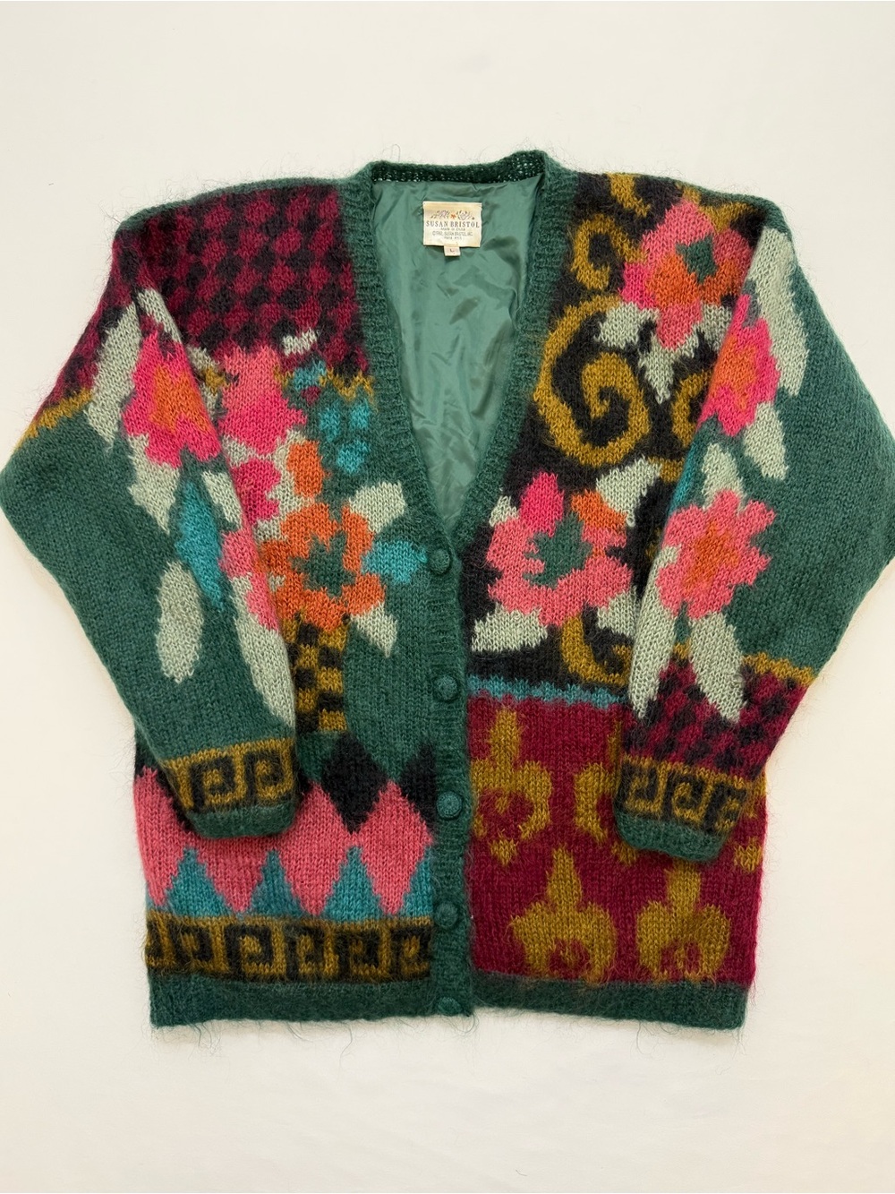 Vintage 90s Susan Bristol Mohair Floral Cardigan Women L Multicolor Boho Sweater